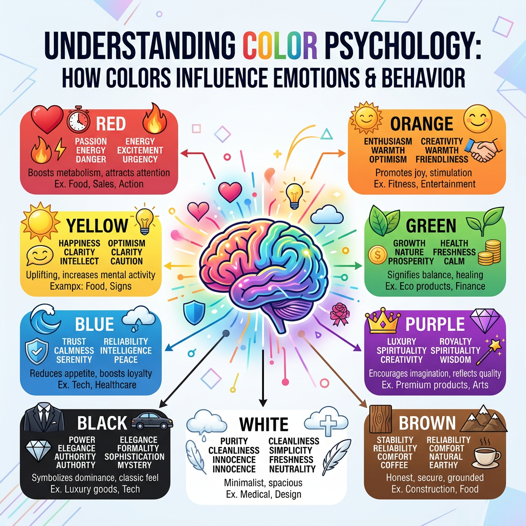 Chart showing emotions and examples associated with colors red, orange, yellow, green, blue, purple, black, white, and brown in color psychology.