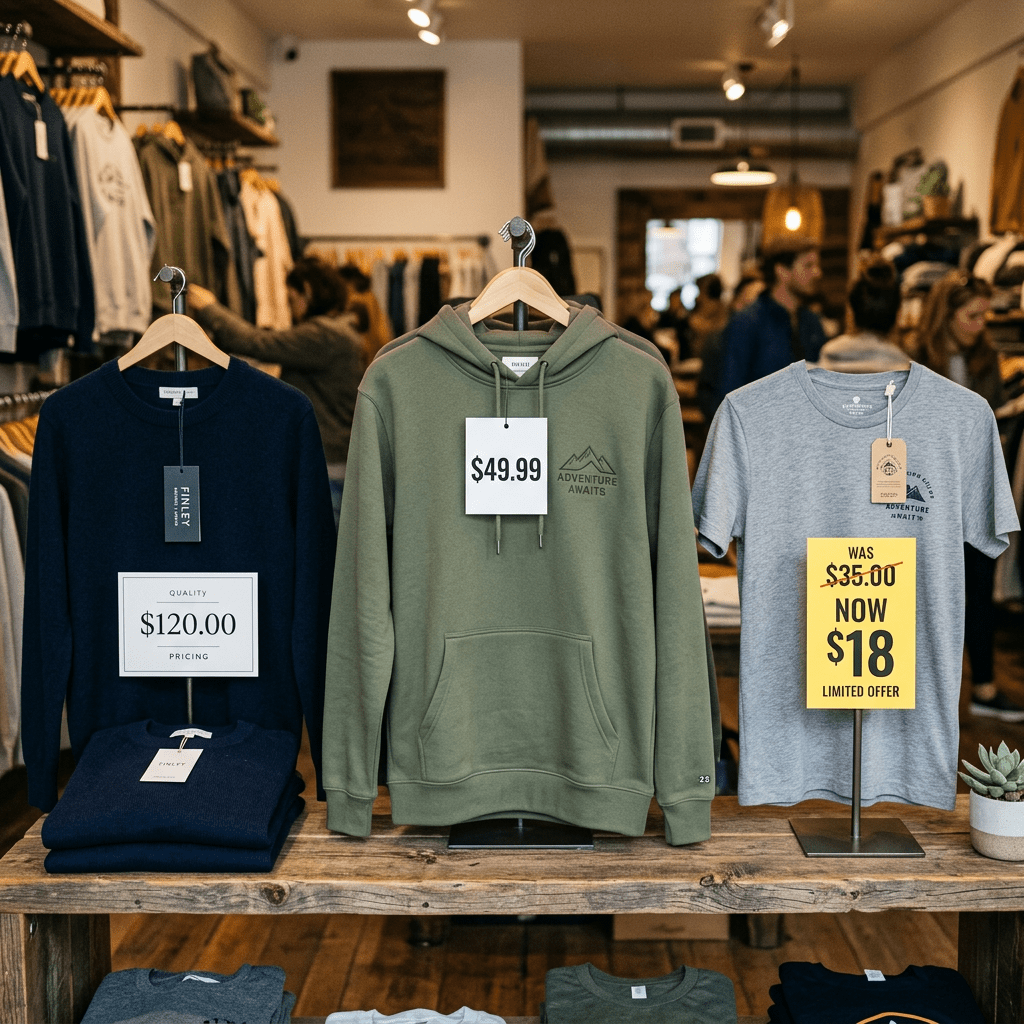 Blue sweater priced at $120, green hoodie priced at $49.99, gray t-shirt discounted from $35 to $18